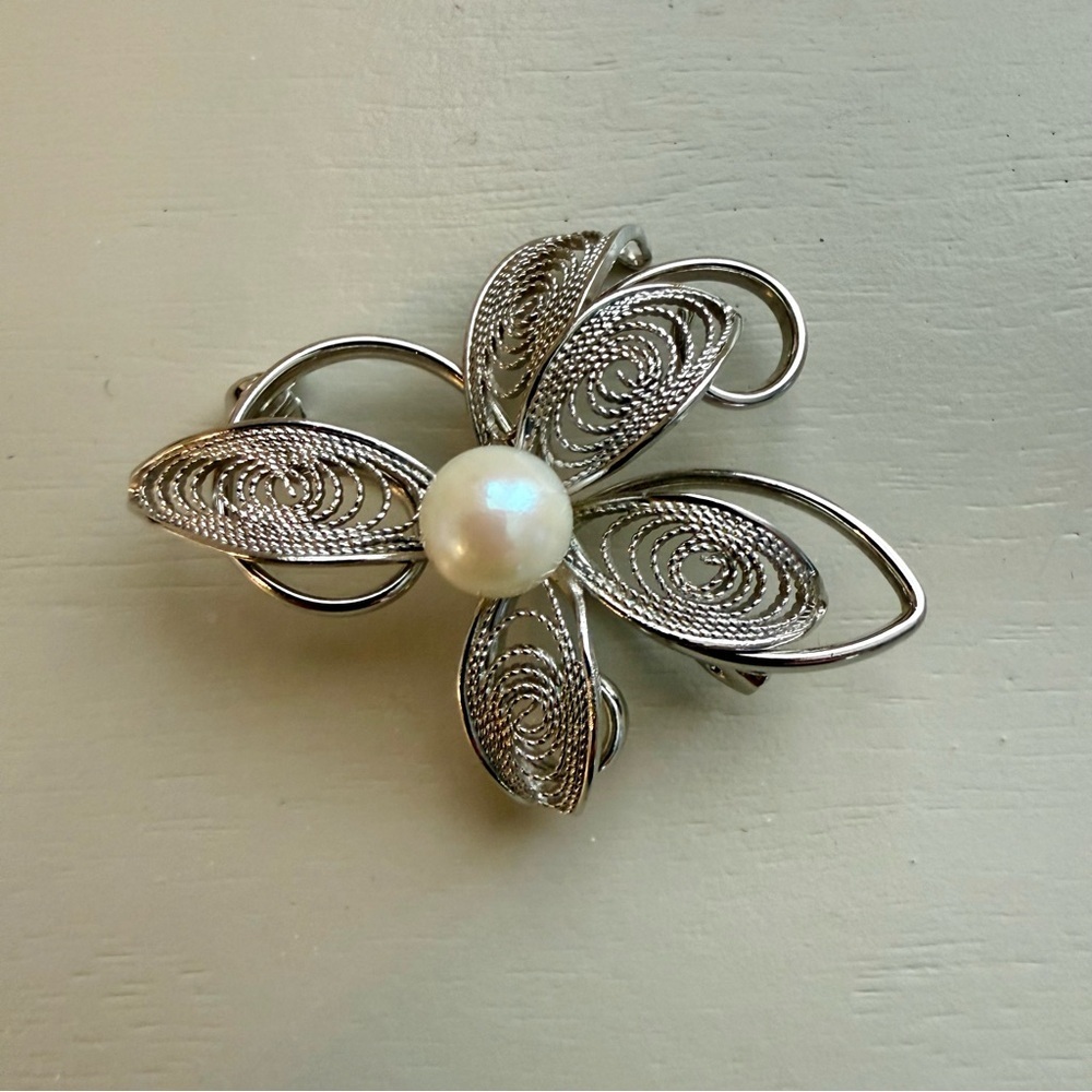West Germany Silver Filigree Faux Pearl Brooch Mid-Century Starburst Vintage